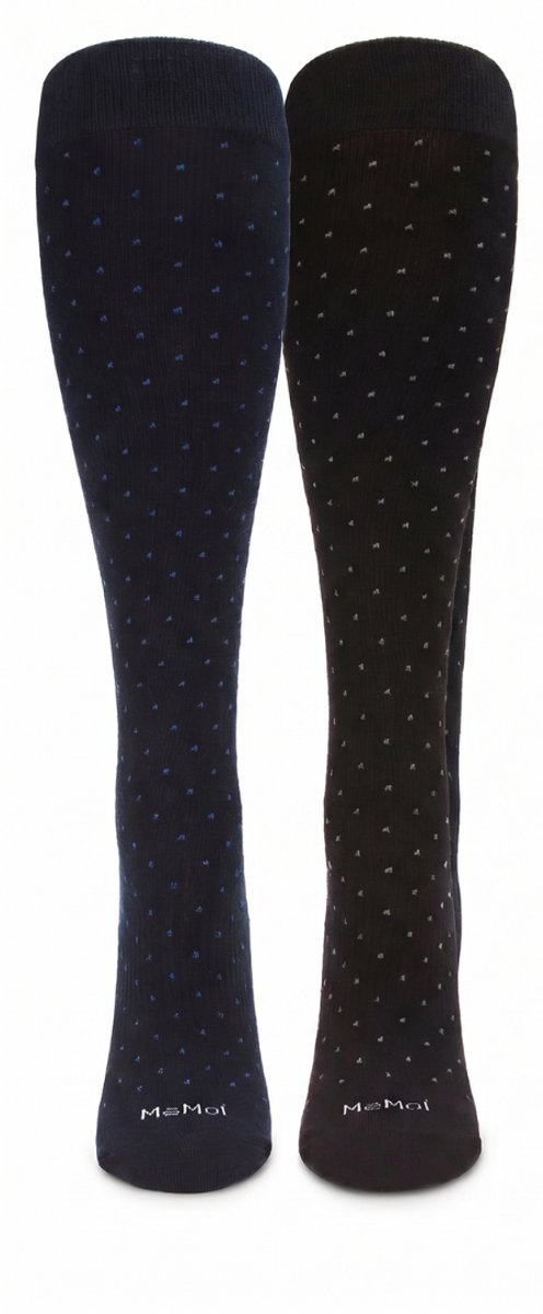 Memoi Dames Overknee Compressiekousen – Swiss Dot Katoenen Steunkousen, 2 Paar, Black / Navy, Maat 10-13