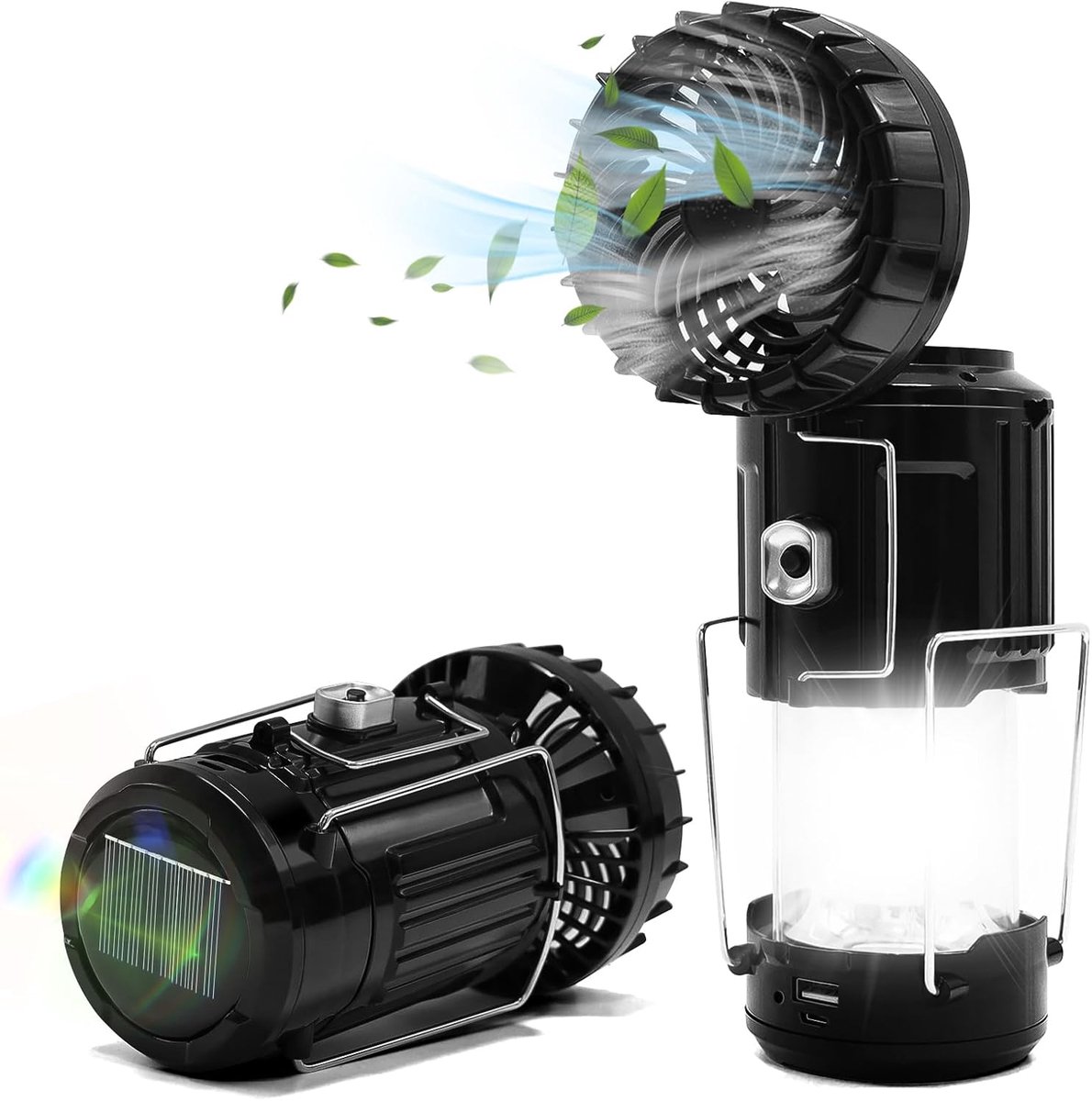 Ventilator met licht LED - Ventilator op zonne-energie - Led CampingLamp - Tuinverlichting - Solar tuinverlichting - Kampeerlamp - Noodlamp - Opladen via zonne energie en USB-powerbank - Voor kamperen, avontuur, black-out, nooduitrusting - Zwart