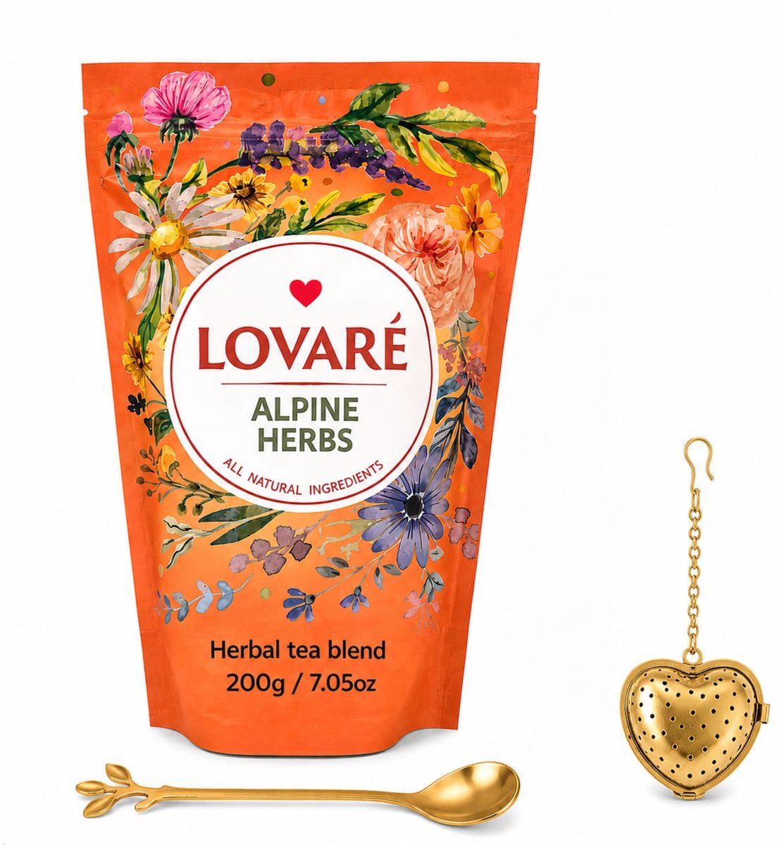 Lovaré Alpine Herbs Luxe Theeset – 200g Losse Kruidenthee + Gouden Hart Thee-ei + Gouden Lepel