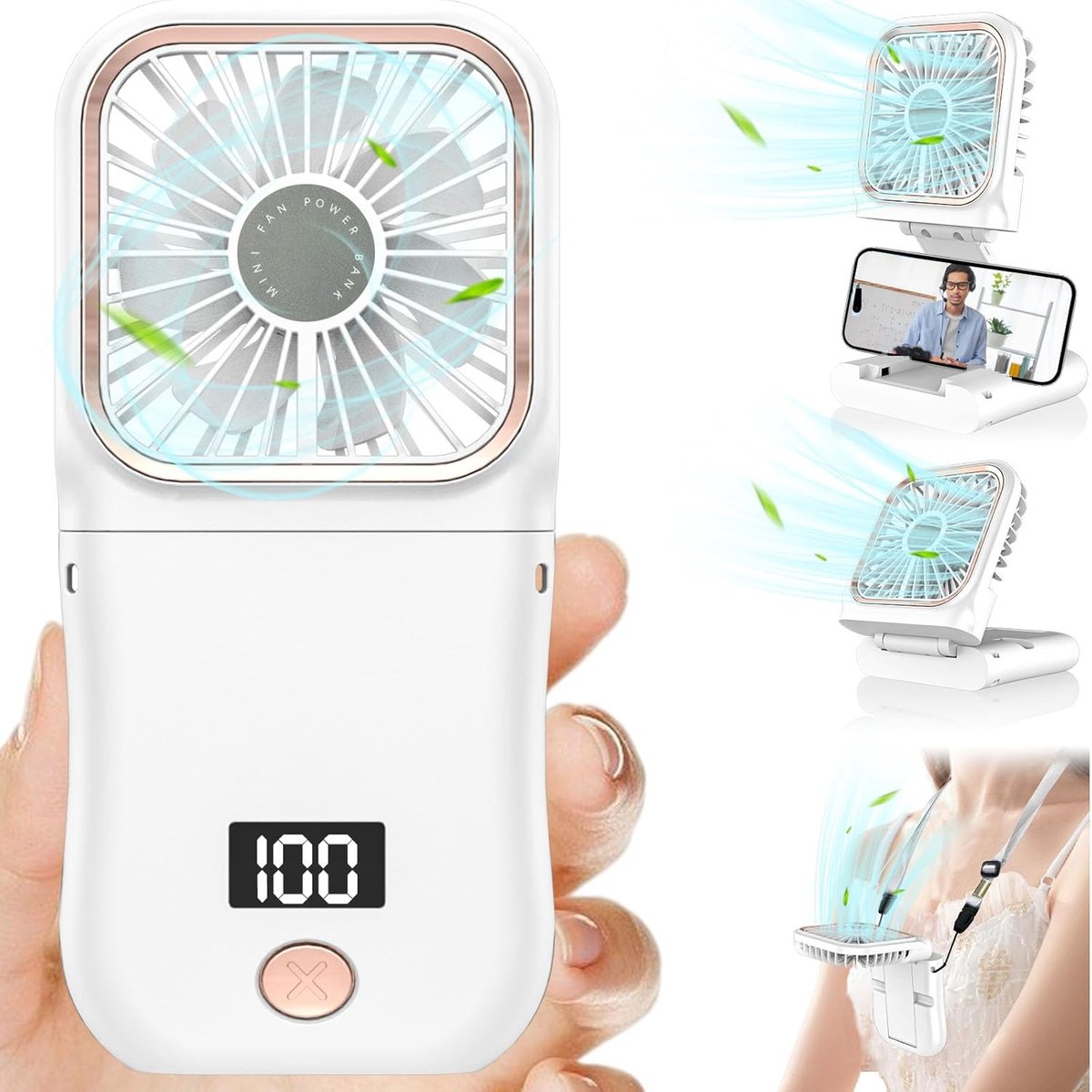 Draagbare Mini Handventilator - 3 Snelheden (180° draaibaar) - 3000mAh LED Display USB-C - Powerbank & Telefoonhouder - voor Reizen, Kantoor, Kinderen - 1 Stuk