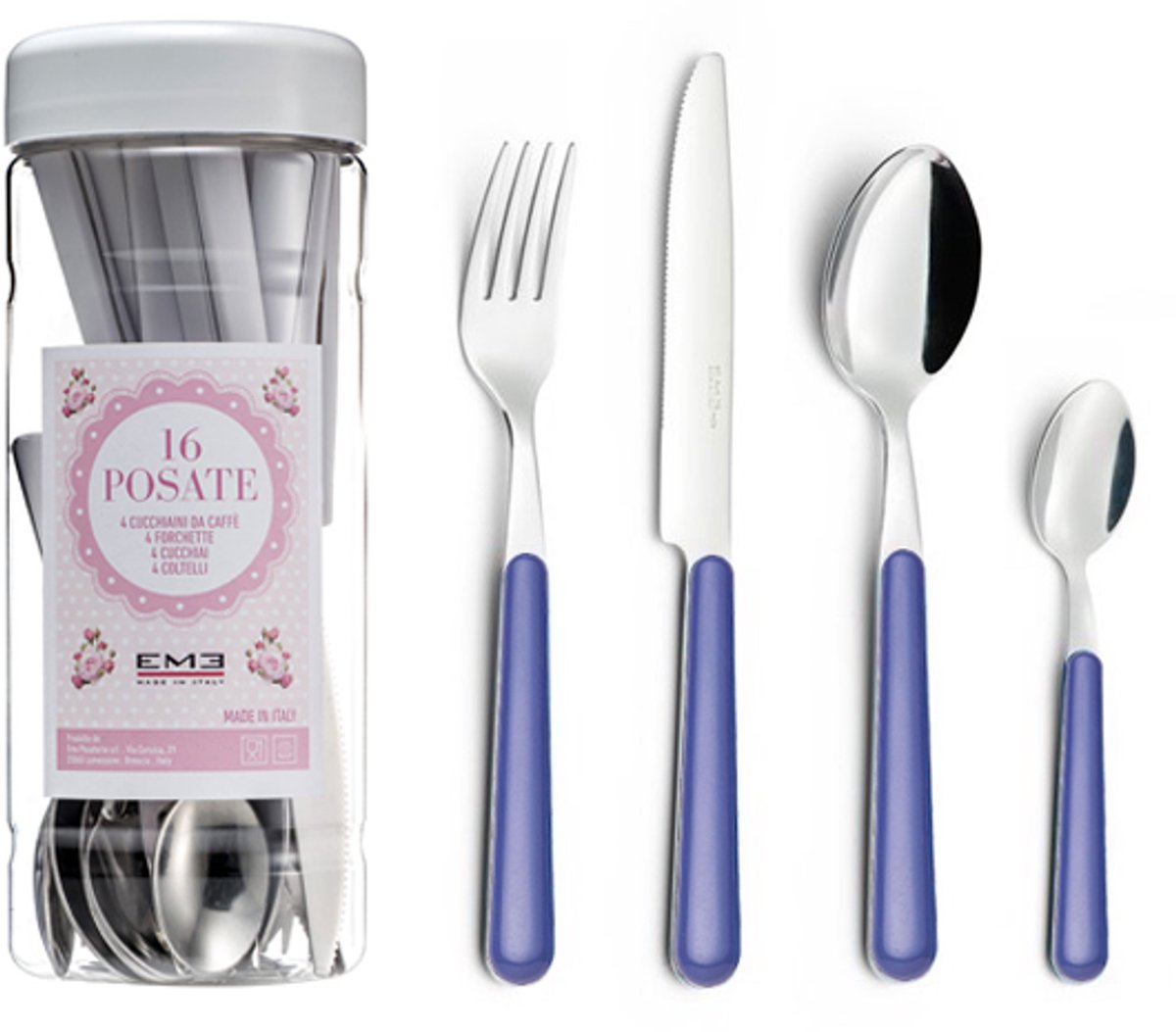EME Brio Bestekset voor 4 personen, 16-delig, Roestvrij staal met gekleurd handvat, Lavender 4, Tube Box