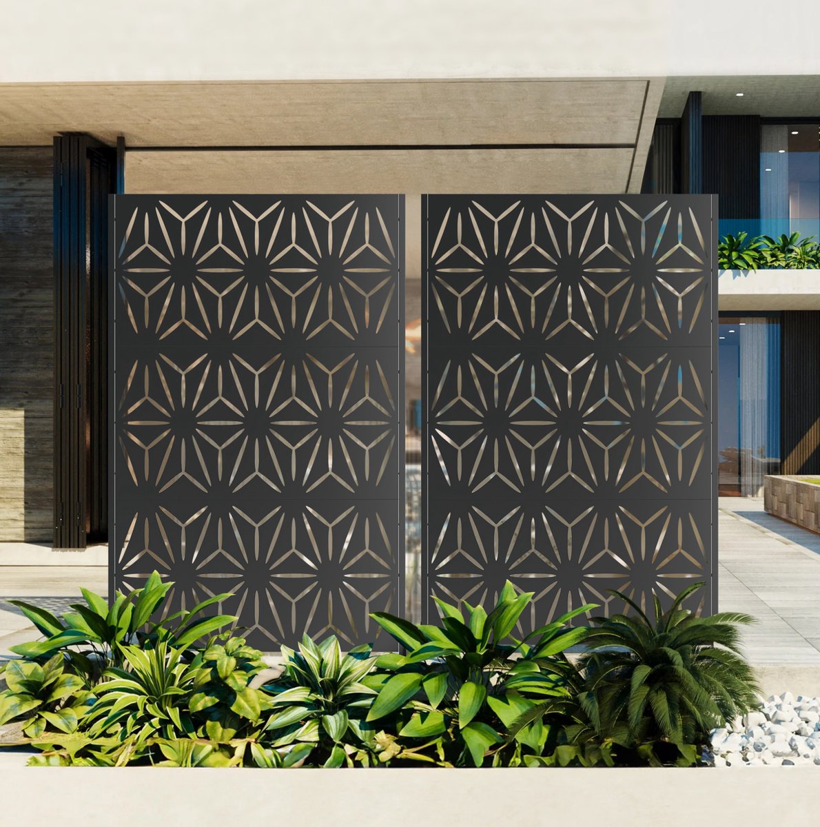 HAUSS SPOLE Tuinscherm - Privacyscherm Vrijstaand 183 x 116 cm - Metaal - Zwart - Voor Balkon Terras Tuin - Decoratief Met Voet