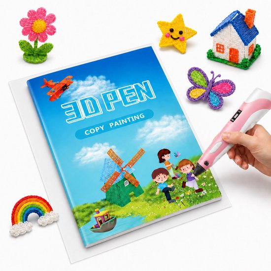 Een roze 3D-pen wordt gebruikt bij een boek getiteld '3D PEN COPY PAINTING'. Omringd door 3D-creaties: bloem, regenboog, ster, vlinder, huis en molen.
