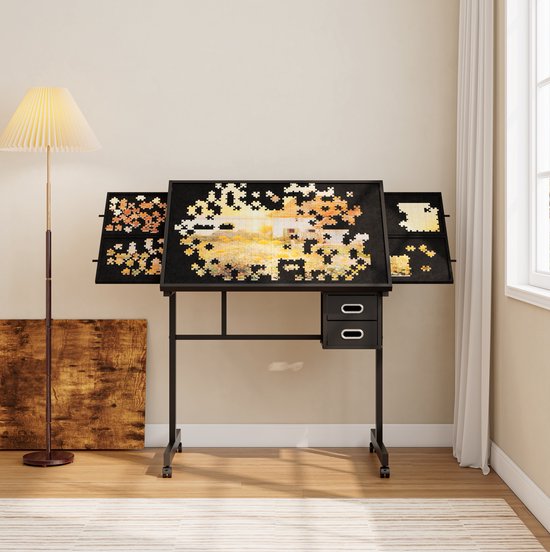 Puzzeltafel - Verstelbaar Blad Met Beschermblad En Opberglades - Verrijdbaar Voor Puzzelen En Tekenen - MDF En Metaal - 90 X 60 X 80 Cm - Zwart — afbeelding 3