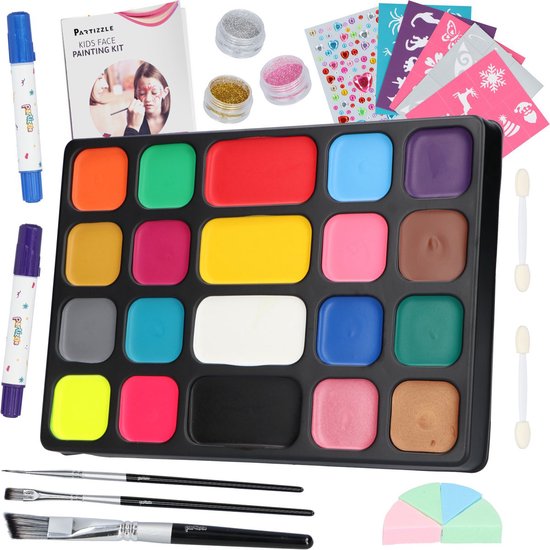 Partizzle kinder schminkset met 20 kleuren, 2 penselen, sponsjes, stickers en glitter potjes.