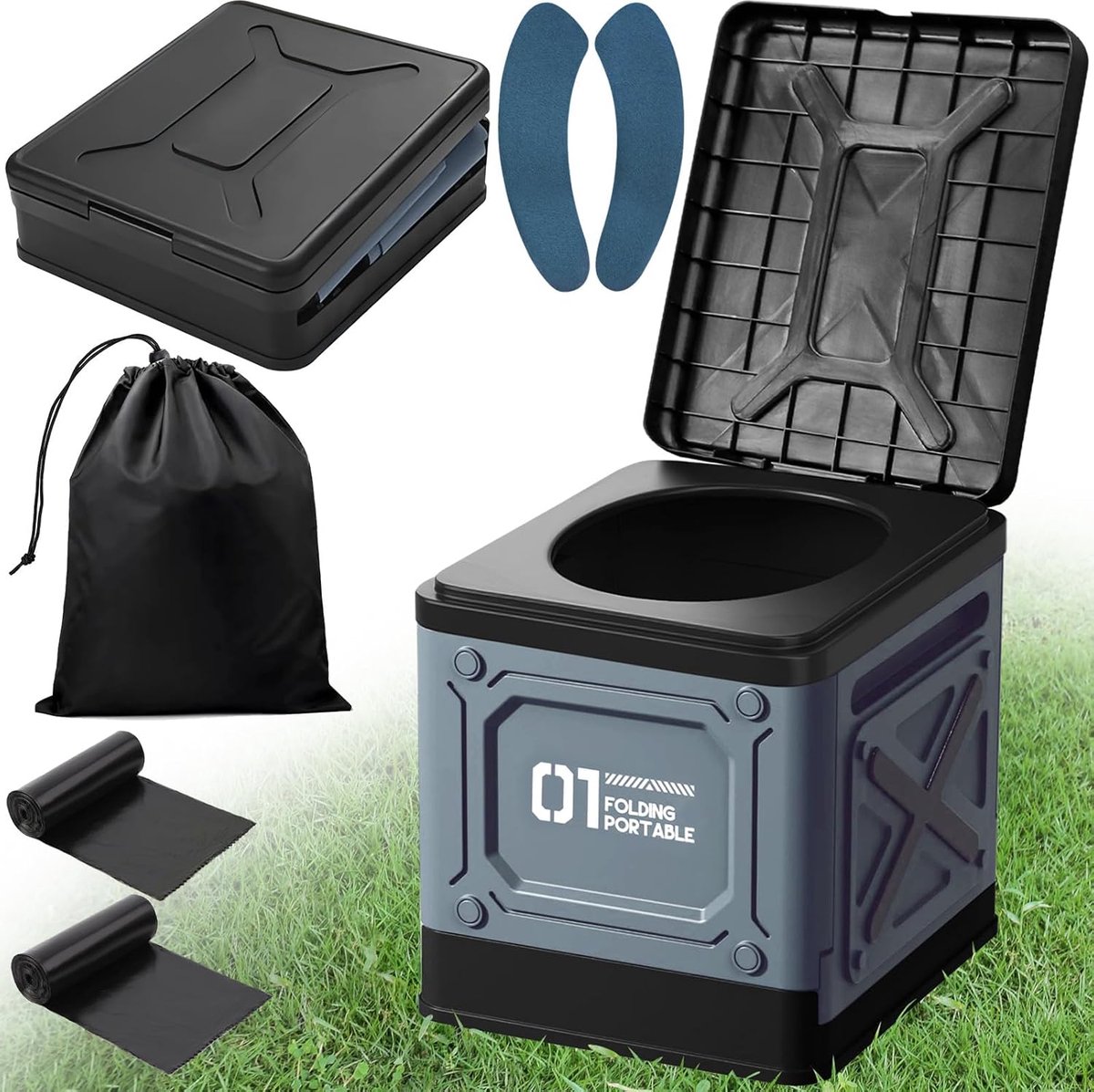 QIN® Camping Toilet - Draagbaar Toilet - Toiletemmer Met Deksel - Zwart/Blauw - 37cm x 30cm x 12cm