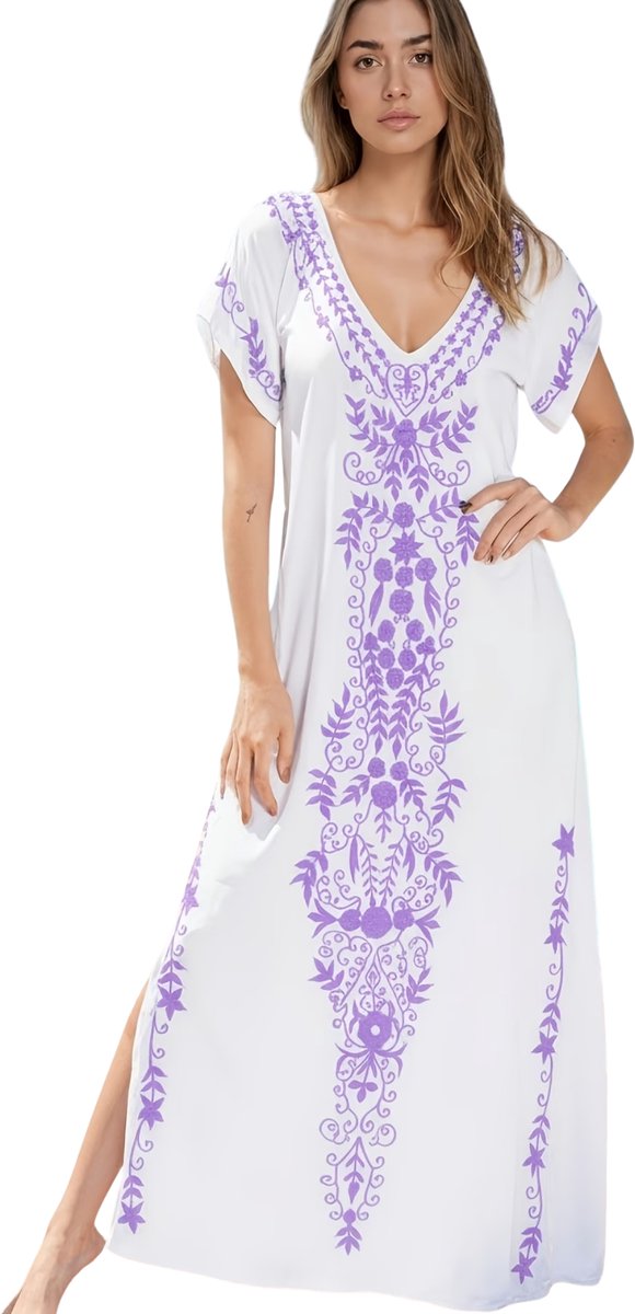 Currero Zomerjurk Dames Zomerjurken Volwassenen Vrouwen Midi Jurk Ibiza Stijl Sundress Dress met Paarse Strepen Wit