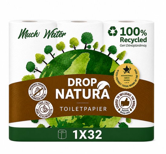 Drie rollen Drop Natura wc-papier, verpakt in folie met een wereldbol en bomen. Tekst: "1x32 Rollen".