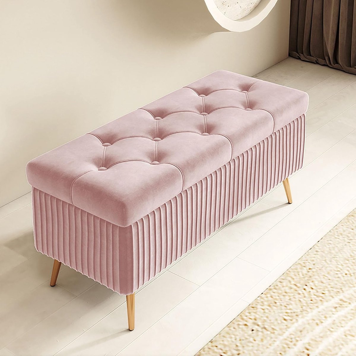 Opbergbank Fluweel - Gestoffeerde kruk - Schoenen opbergen - Knoop-gestoffeerd design - 40 cm breed - Roze