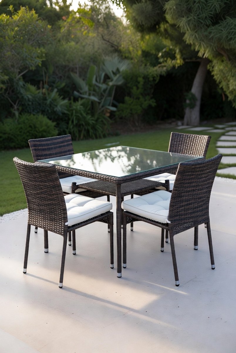 5-TLG. Garten-Bistro-Set mit Kissen Braun Poly Rattan, Gartenset Essgruppe mit Gartentisch Gartenstühlen Terrassenmöbel für Garten Lounge Restaurant Außenbereich3276917-Medahomestore
