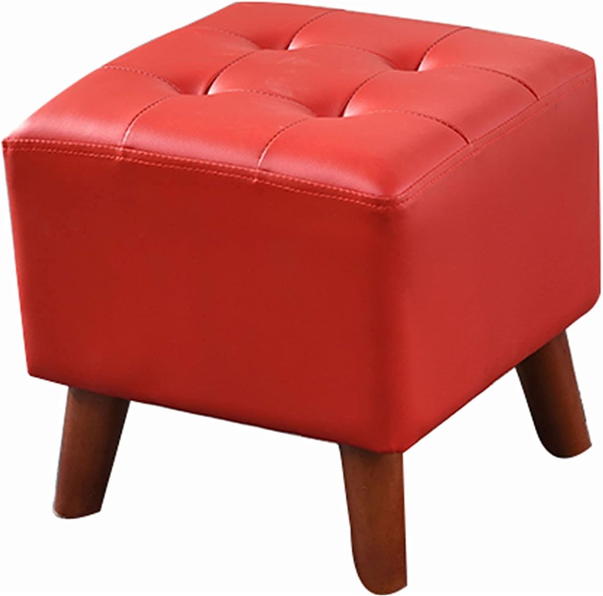 Houten Voetensteun Kruk - Kleine Poef - Ontspannen Zitten - Massief Houten Frame - 36x36x35cm - Rood