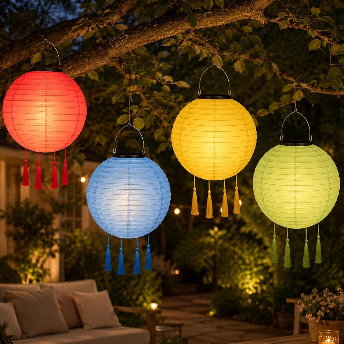 SnelShoppen - Lampions op zonne-energie voor buiten, weerbestendig, 4 stuks LED-lantaarns, 25 cm, hangende tuinlantaarns voor feest, camping en tuin
