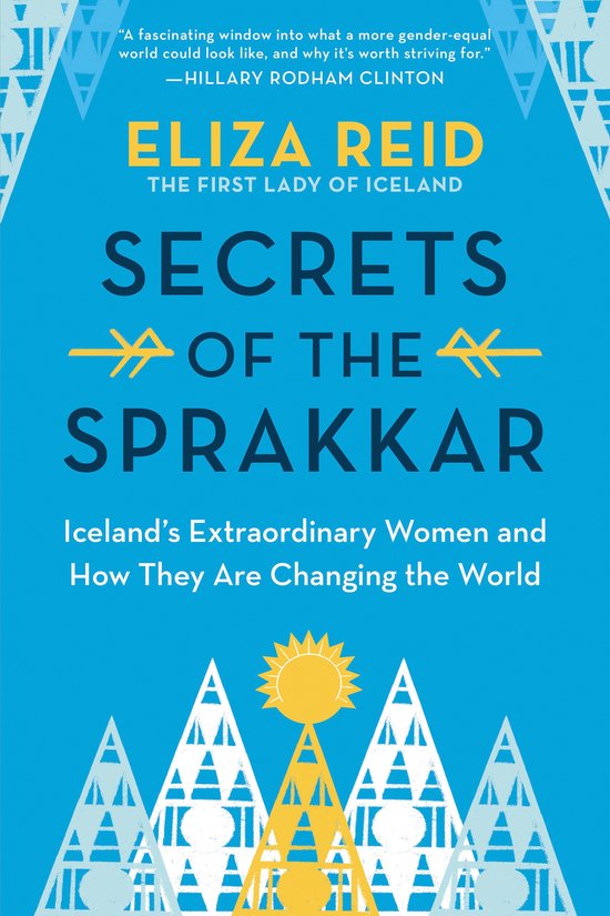 Boek 'Secrets of the Sprakkar' van Eliza Reid, met blauwe achtergrond en tekst in geel en wit. Iconen van bergen en een zon.