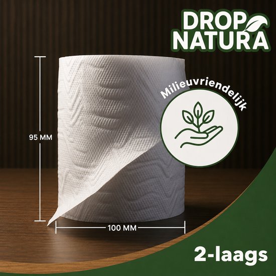 Een rol wit wc-papier met afmetingen 95mm x 100mm, met een groen icoon van een hand die een plant vasthoudt. Tekst: "Milieuvriendelijk".