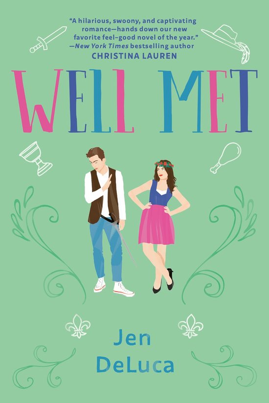 Boekomslag met de titel "Well Met" van Jen DeLuca. Een man en vrouw staan afgebeeld in een speelse pose.