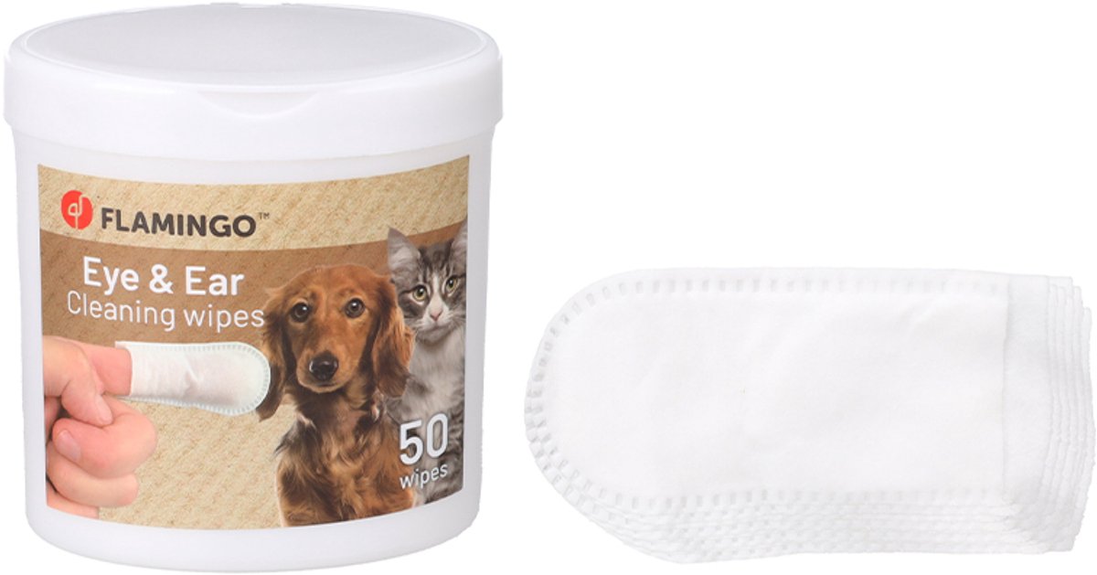 flamingo oor en oogdoekjes - vingerdoekjes 50 st cleaning wipes voor honden en katten - in handig hersluitbaar potje-