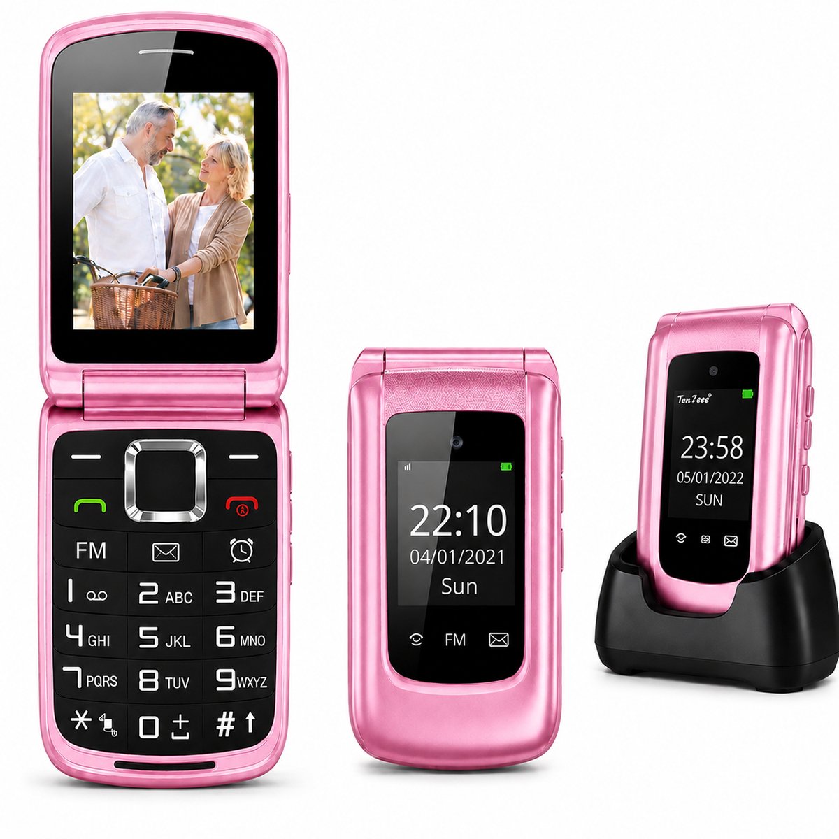 4G Senioren GSM Roze + Oplaadstation & Extra Accu Geleverd - Dual Sim - Dual Scherm - Big Button Mobiele Telefoon - Grote Toetsen & Cijfers - SOS Knop - Mobiel - Ouderen