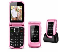 4G Senioren GSM Roze + Oplaadstation & Extra Accu Geleverd - Dual Sim - Dual Scherm - Big Button Mobiele Telefoon - Grote Toetsen & Cijfers - SOS Knop - Mobiel - Ouderen