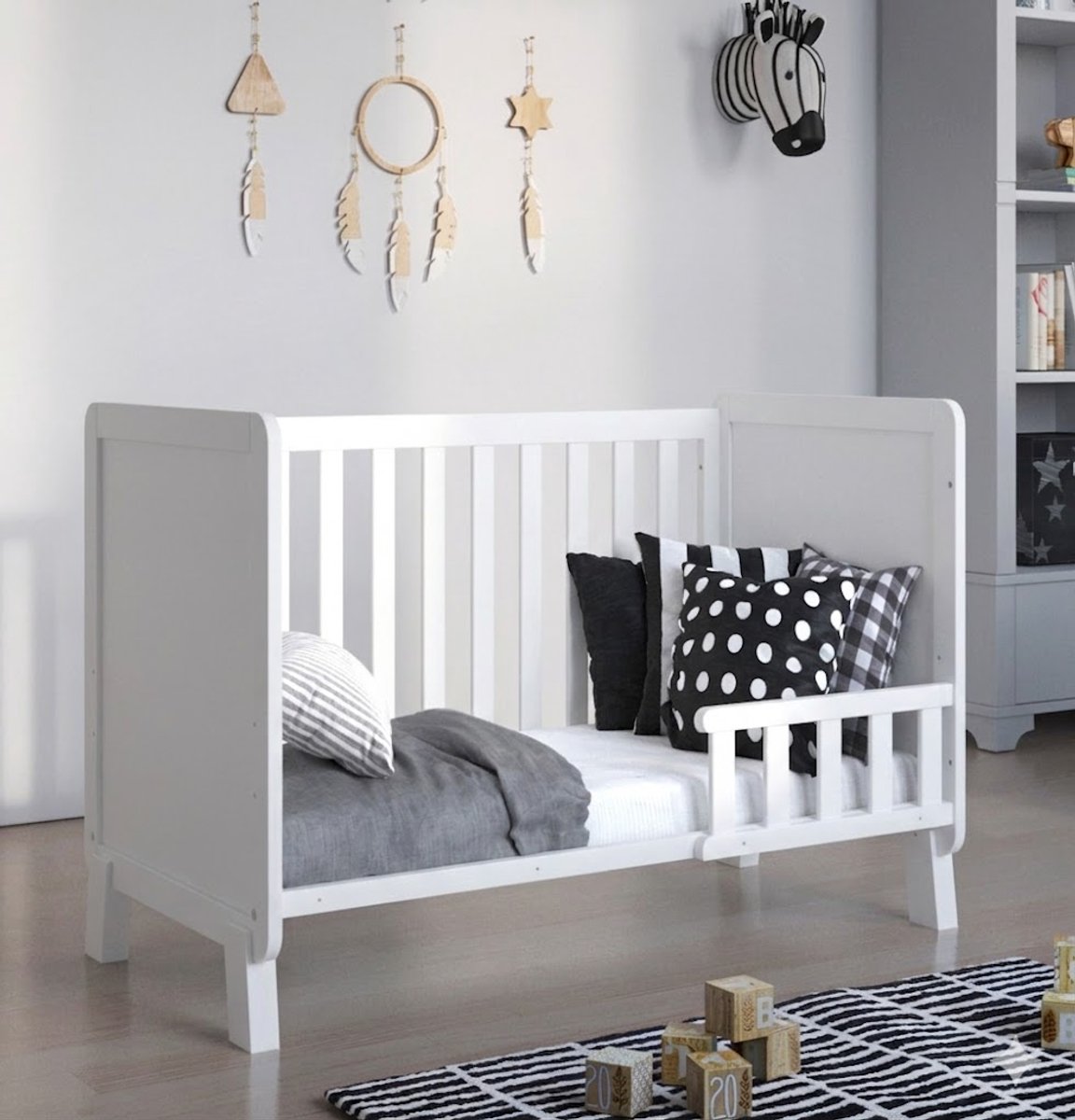 Love For Sleep Francis Babybedje 2-in-1 – Meegroeibed 120x60 cm – Met Extra Uitvalbeveiliging – Ruimtelijk Design – Exclusief Matras – Massief Grenenhout – Wit