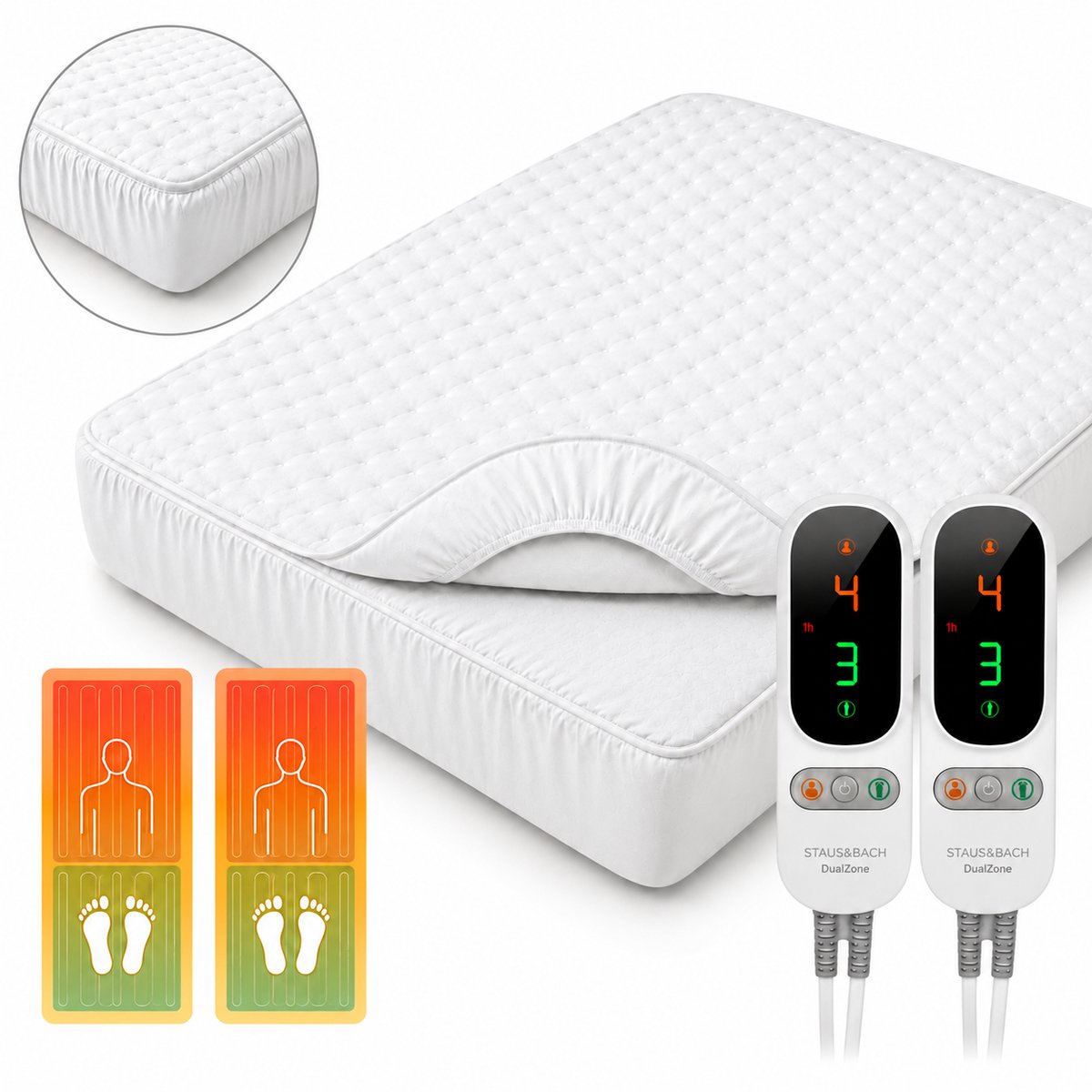Tweepersoons elektrische onderdeken met Aparte voetzone - 200x200 cm - Anti allergie en Antibacterieel - 6 warmtestanden - Voetwarmte - Warmtedeken - Fleece - STAUS&BACH DualZone - Wit