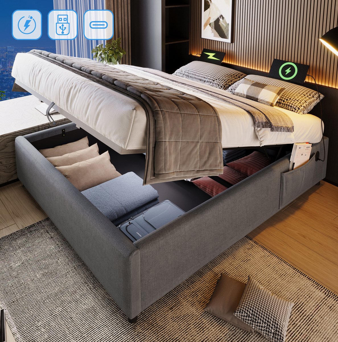 MEUNIQ tweepersoons bed 160x200 cm met opbergruimte, USB en Type-C, bedframe zonder hoofdbord met lattenbodem en zijvak voor slaapkamer, grijs