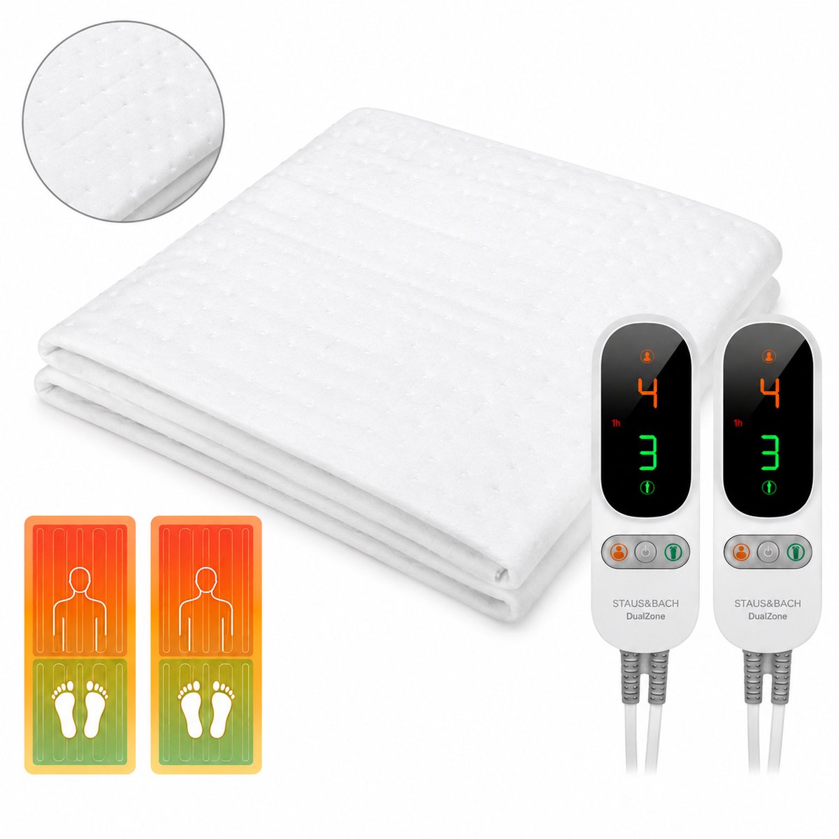 Tweepersoons elektrische onderdeken met Aparte voetzone - 200x160 cm - Anti allergie en Antibacterieel - 6 warmtestanden - Voetwarmte - Warmtedeken - Fleece - STAUS&BACH DualZone - Wit