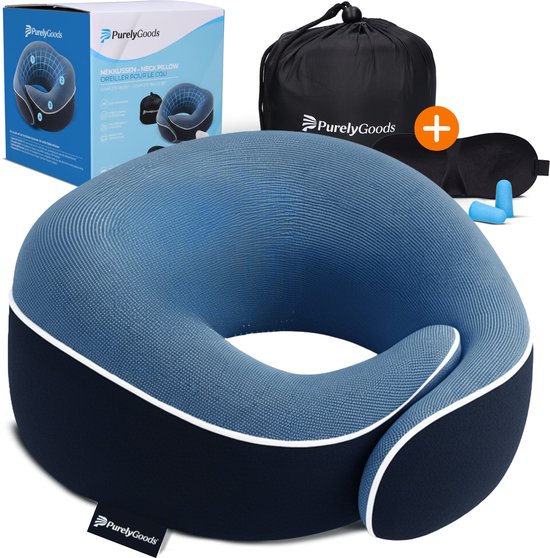PurelyGoods® Nekkussen Set - Reiskussen - Vliegtuig & Auto - Memory Foam - Donkerblauw