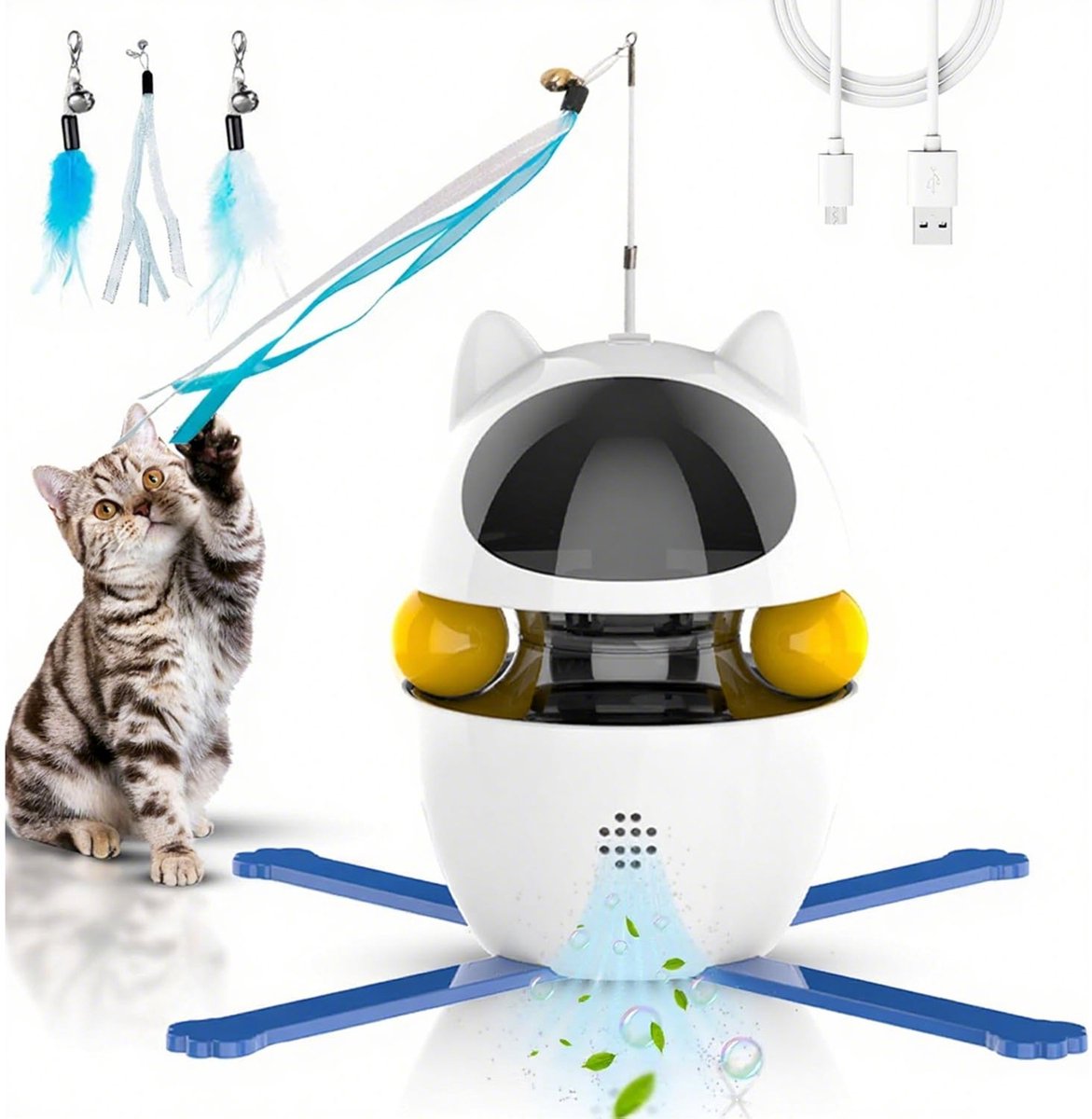 Automatisch Interactief Kattenspeelgoed - Elektrische Veer Kattenhengel met USB Oplaadbare Beweging - Slimme Katten Speelstok met 360° Rotatie - Anti-Verveeling Huisdier Speelgoed met Accessoires - Wit