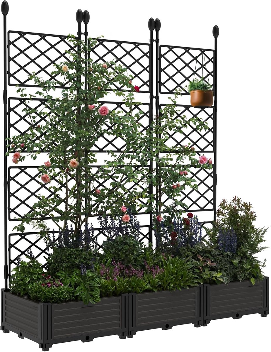 Set van 3 Plantenbakken met Trellis - Verhoogde Kweekbakken met Privacy Scherm - 127 x 160 cm - Metaal & Kunststof Klimrek - Vrijstaand Tuinscherm voor Klimplanten - Voor Balkon, Terras en Tuin - Zwart