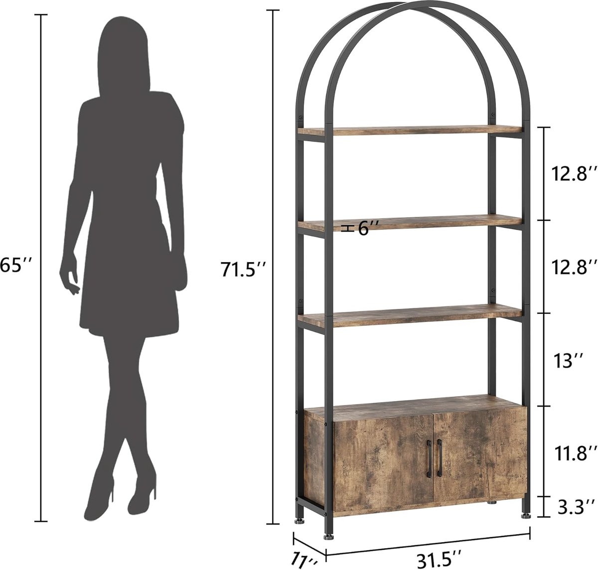 Boekenkast-vier planken en twee lades-dubbele deuren- gebogen vorm- metalen frame- antislip- stabiel- geschikt voor gebruik in kantoor-woonkamer of slaapkamer