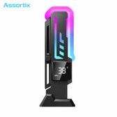 Zwarte GPU-steun met ARGB-verlichting en temperatuurdisplay, geïsoleerd.