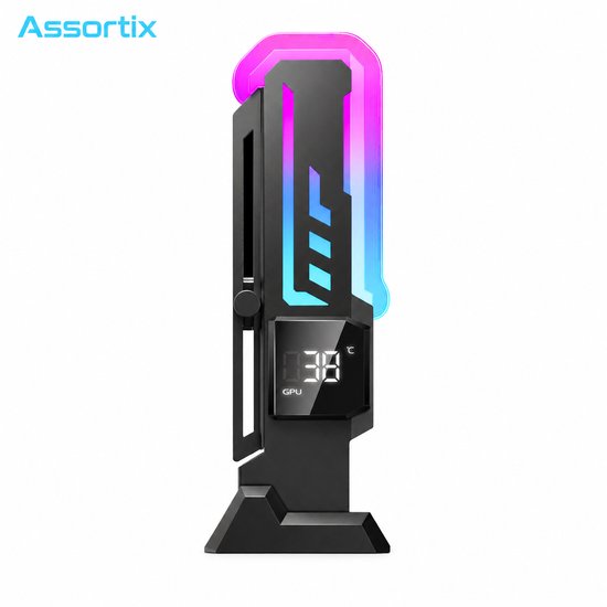 Zwarte GPU-steun met ARGB-verlichting en temperatuurdisplay, geïsoleerd.