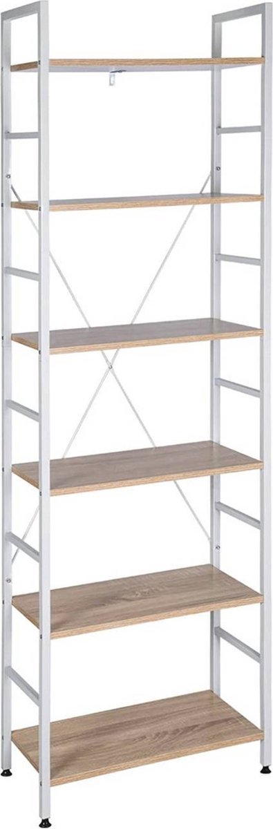 Boekenkast 60x28x180cm Wit - Industrieel, Metaal en Hout en 6 Lagen - Voor Dagelijks Gebruik, Thuis en Professioneel Gebruik
