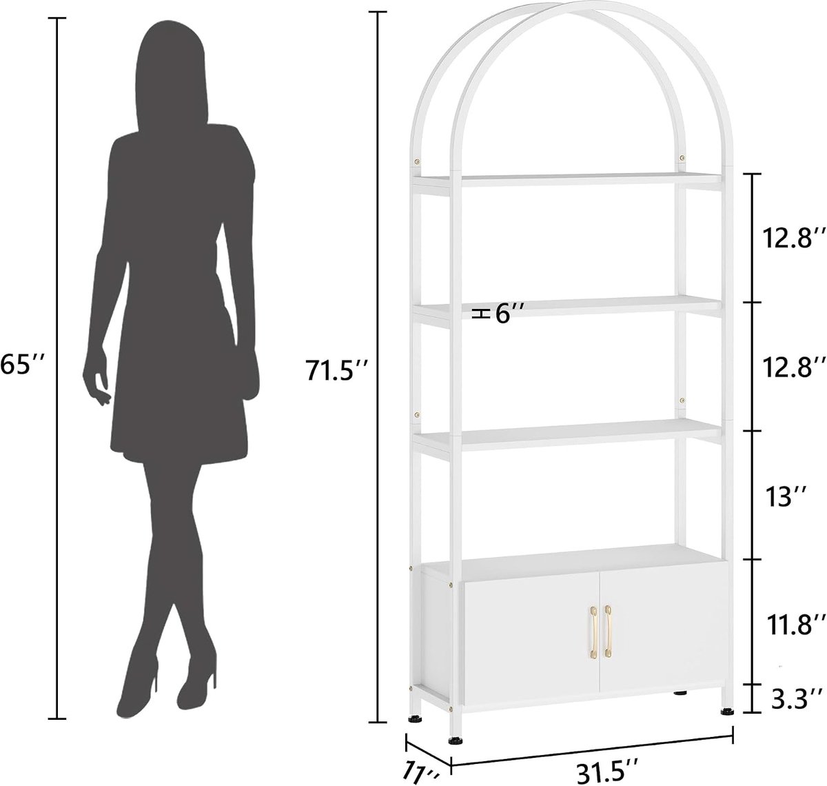 Boekenkast- 5 niveaus- boogvormig rek met deuren- staand rek- metalen structuur- boekenkast voor woonkamer- slaapkamer- werkkamer- kantoor- 80 x 28 x 182 cm-wit