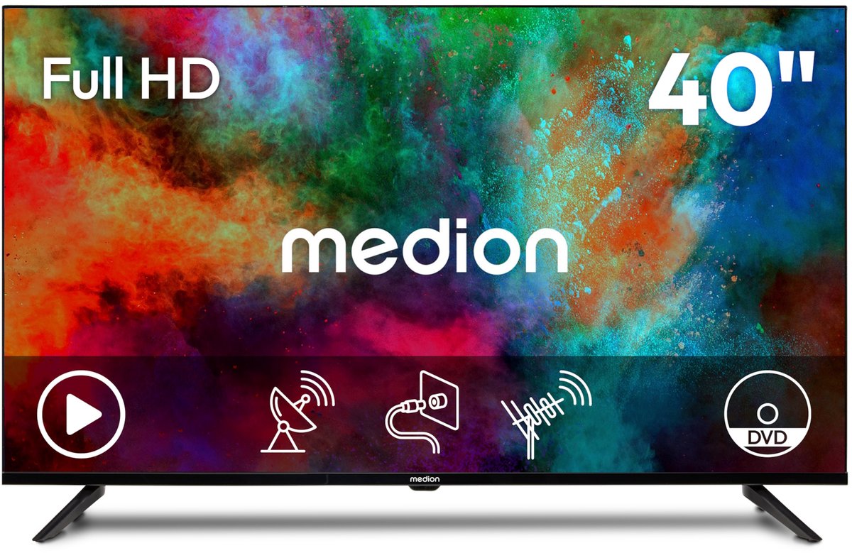 MEDION 100.3 cm 40" Full HD TV geïntegreerde DVD speler Triple Tuner DVB-T2 HD DVB-C DVB-S2 2x HDMI USB sleeptimer mediaspeler VESA CI+, MD840003