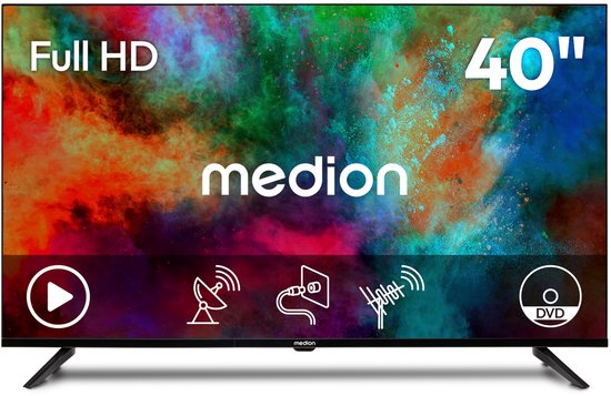 Medion 40-inch Full HD TV met kleurrijk abstract logo en iconen voor play, satelliet, HDMI, wifi, en DVD. Zwarte rand en standaard.