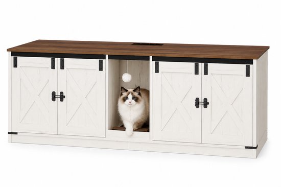 NordPaw® Verborgen Kattenbakkast XL – Kattenbak Meubel met Opbergruimte – Kattenhuis – Kattenbak Ombouw – Wit/Eiken – 140 cm