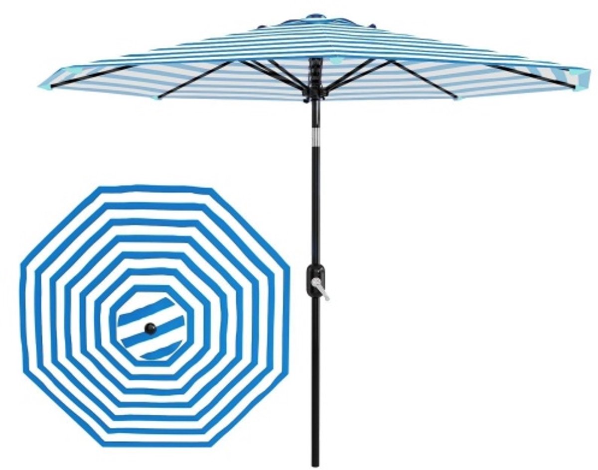 Parasol Rond 270cm Zonder Voet - 270x270x236cm - Waterafstotend 2-Lagen Ventilatie - 8 Ribben - Kantelbaar met Handslinger - Voor Terras Balkon Zwembad Café - Blauw + Wit