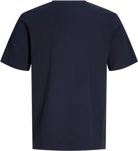 Navy T-shirt met ronde hals, achterkant.