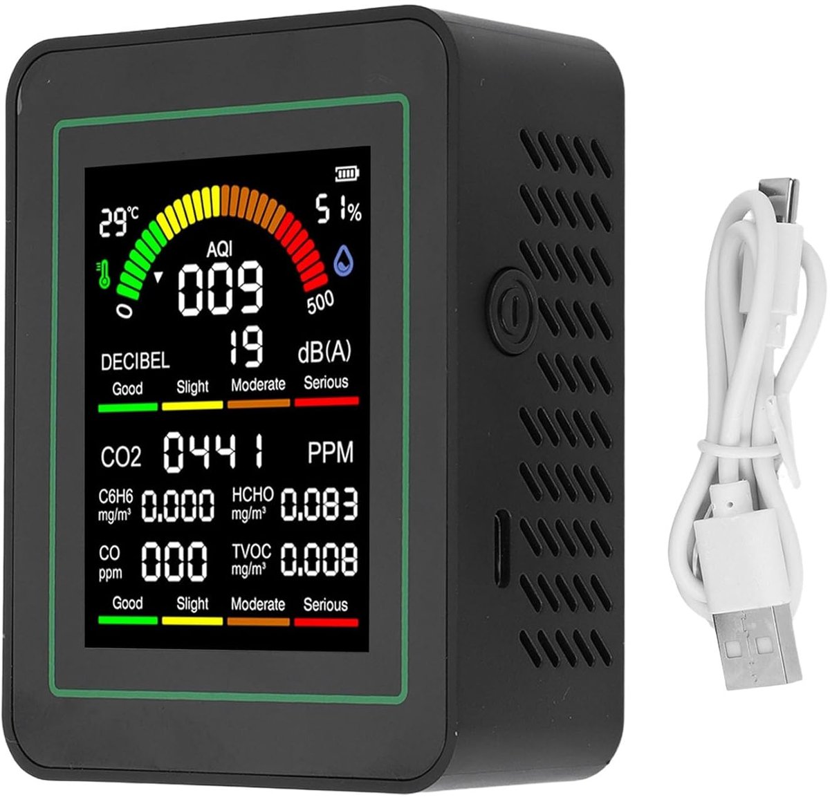 Luchtkwaliteitsmeter - Binnenklimaat Tester - Gezonde Lucht Meten - 10-in-1 Functies - 2.8 Inch LCD - Zwart