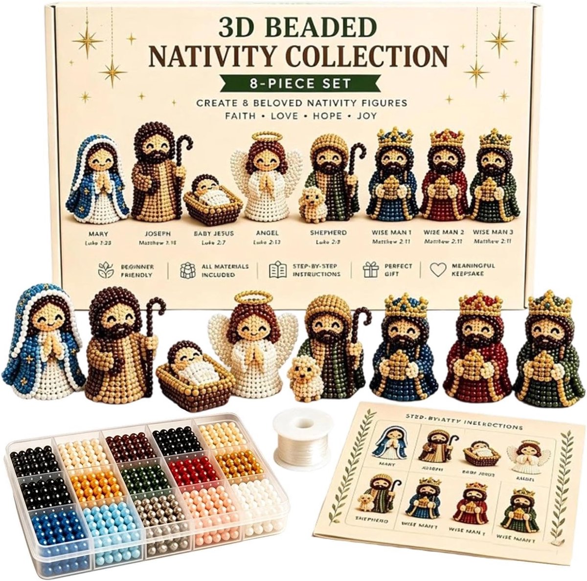 Kerststal Kralen Kit - 3D Beeldjes - Handgemaakt Decor - Betekenisvolle Activiteit - 13 x 7 x 7 cm - Meerkleurig