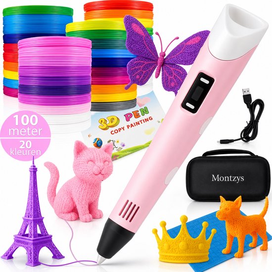 Roze 3D-pen met 100 meter filament in 20 kleuren. Inclusief paarse vlinder, roze kat, gele kroon, paarse Eiffeltoren en oranje hond.
