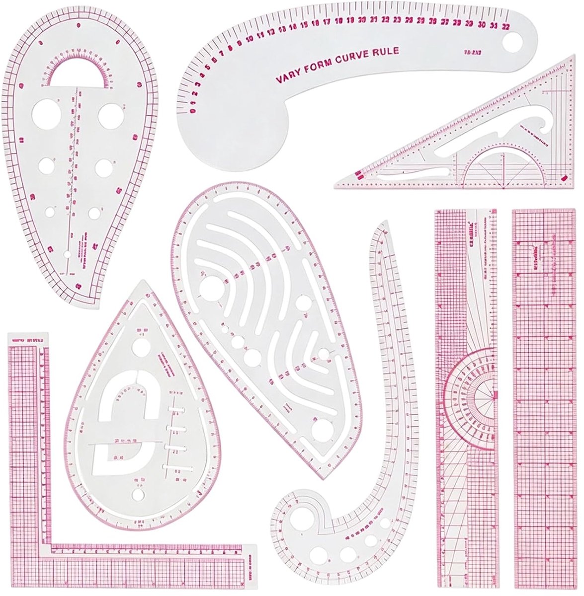 Linialen Set - Naaiaccessoires - Kleding Ontwerpen - Nauwkeurig Gegraveerd - 10 Stuks - Roze