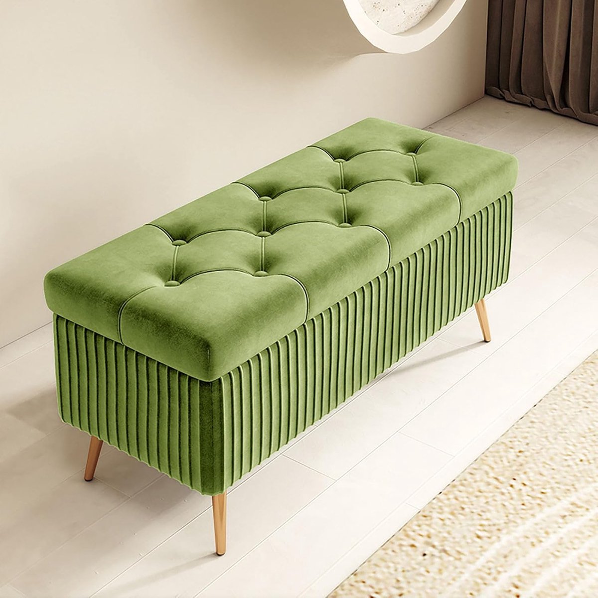 Opbergbank met kussen - Ottomaanse poef - Schoenen opbergen - Gestoffeerd met knopen - 80 cm breed - Groen