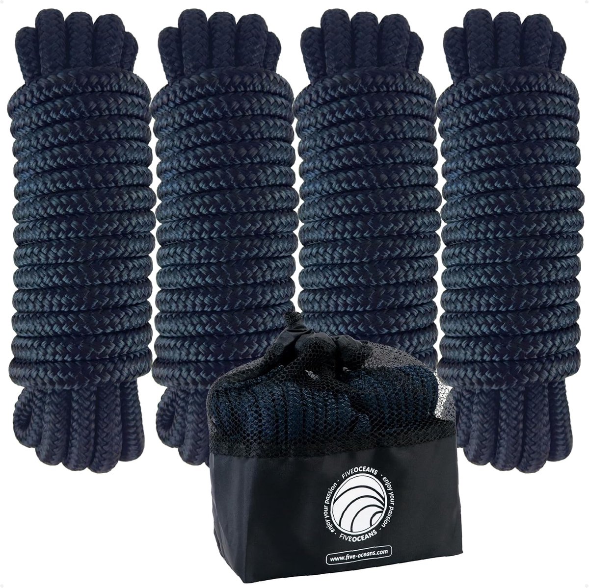 Boot Lijnen Set - Aanleglijnen Touw - Veilig Aanleggen - Dubbel Gevlochten Nylon - 4x 3/8" x 15' - Marineblauw