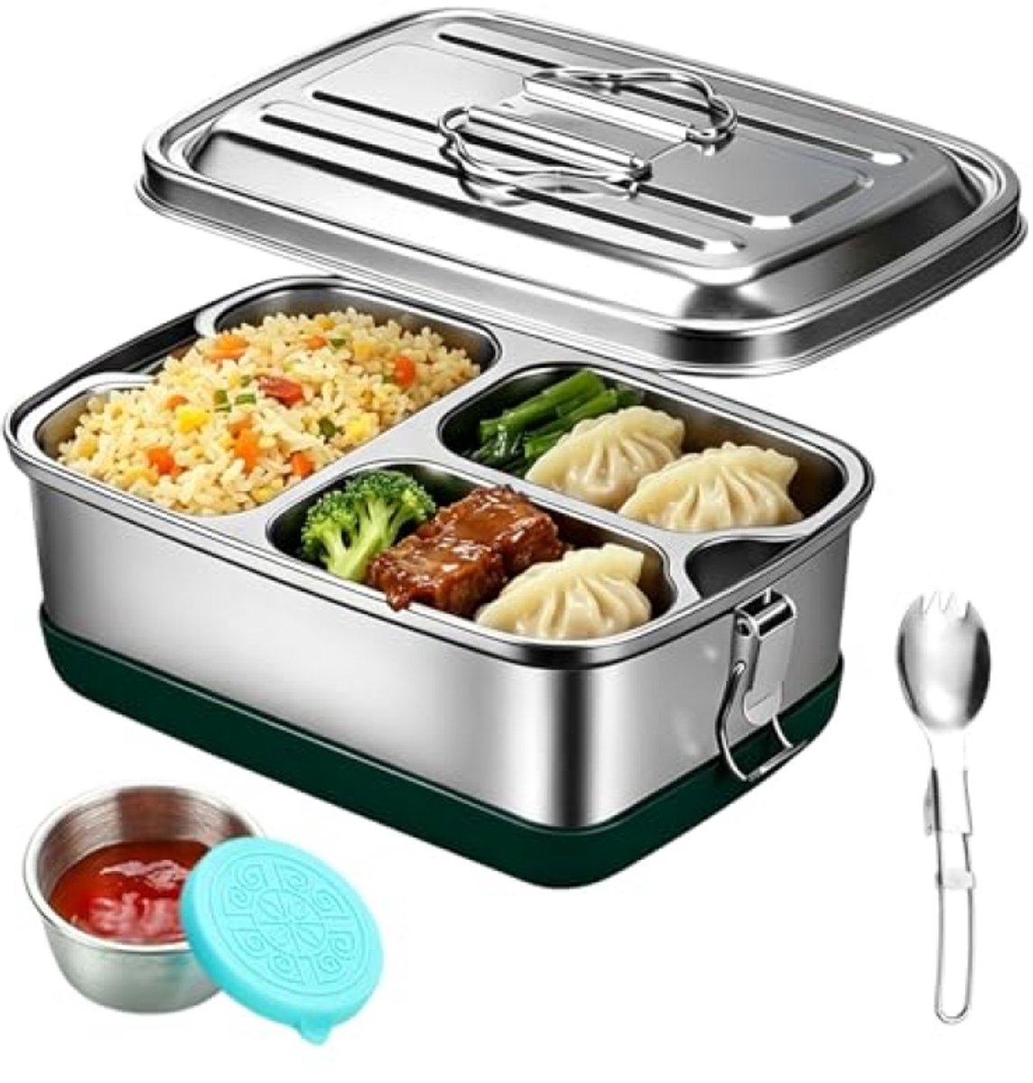 ModernStore Roestvrijstalen Broodtrommel 2000 ml - Lunchbox met Vakken, Opvouwbare Lepel en Kruidenpotjes, BPA-Vrij, Zilver