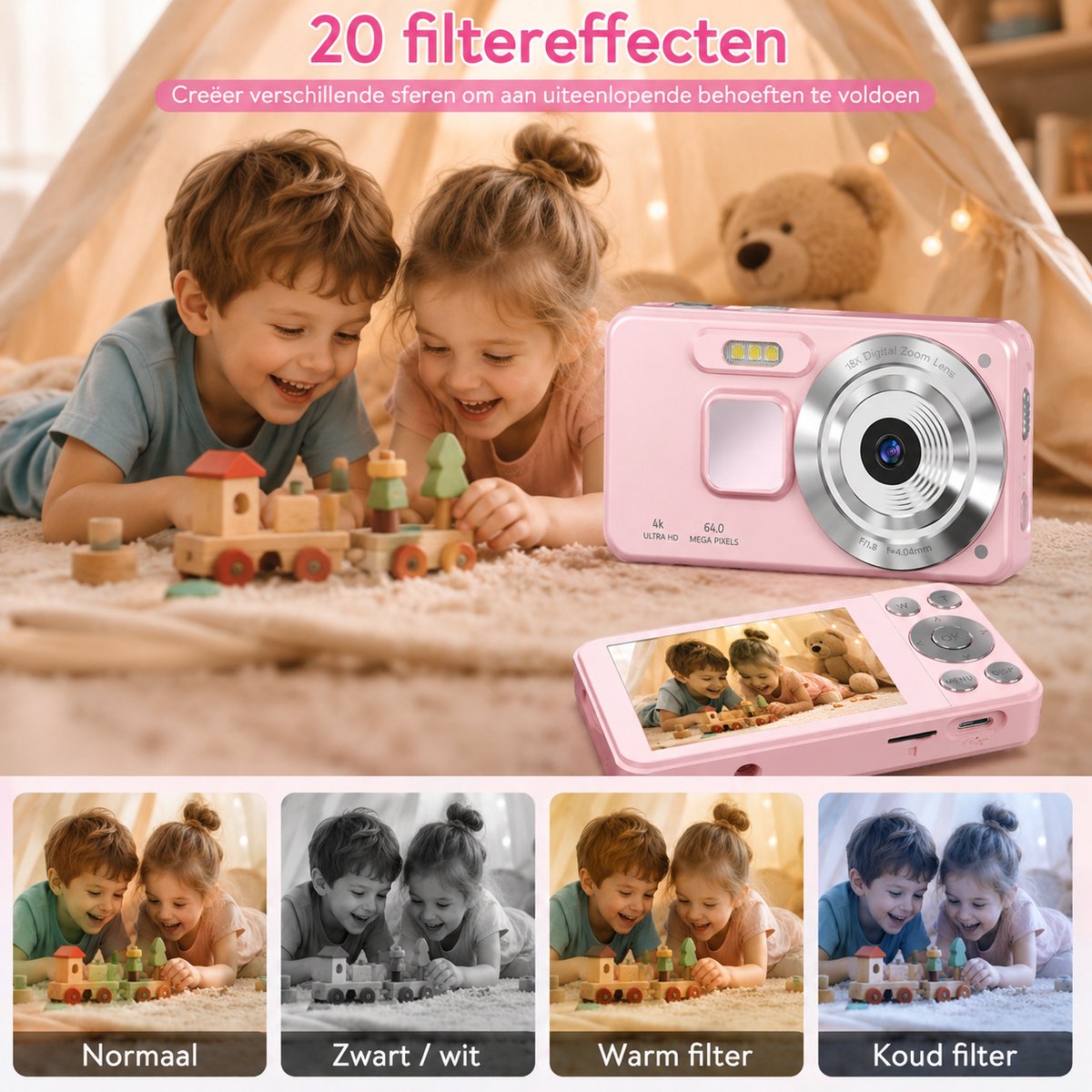 Digitale Camera 4K - 64MP Fotokamera - Fototoestel met 2.8 Inch LCD Scherm - 18X Digitale Zoom - Compact en Draagbaar Ontwerp - Beeldstabilisatie - USB-C Aansluiting - Inclusief 32GB SD Kaart - Vlog Camera - Roze thumbnail 3