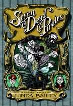 Boekomslag van 'Seven Dead Pirates' met karikaturale piratenkoppen en een spookhuis.
