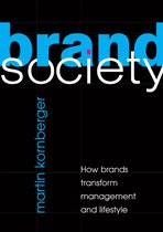 Boekomslag 'Brand Society' van Martin Kornberger, met blauwe en witte letters en de tekst 'How brands transform management and lifestyle'.