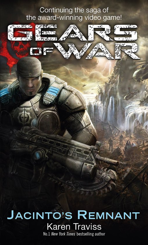 Cover van Gears of War Jacinto's Remnant met een soldaat in harnas, een wapen vasthoudend, met een post-apocalyptische achtergrond.